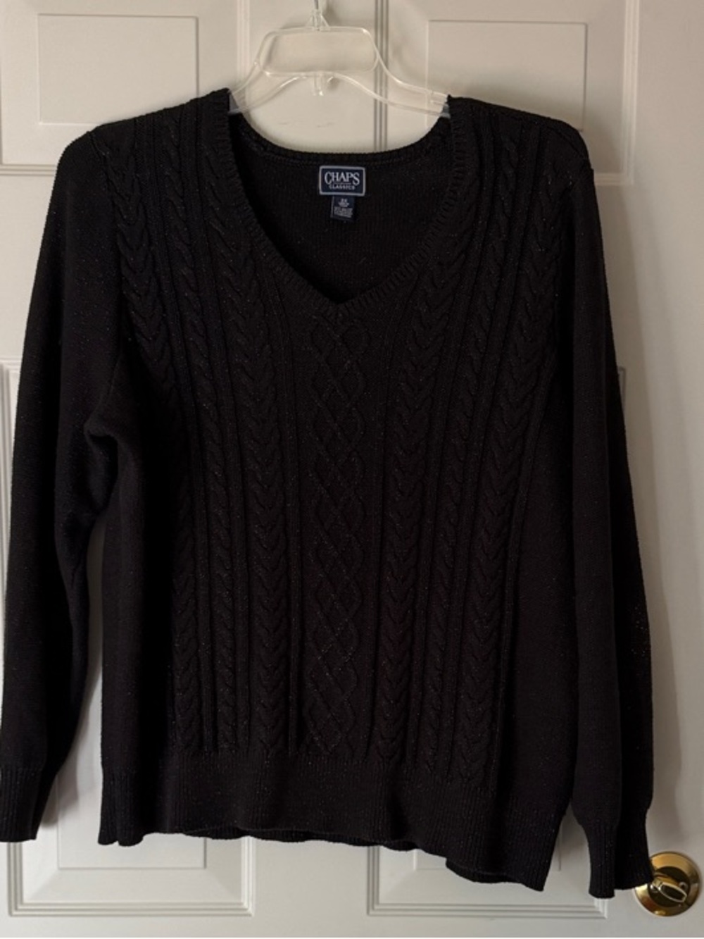Chaps Black Sparkle Cable-Knit V-Neck Sweater
